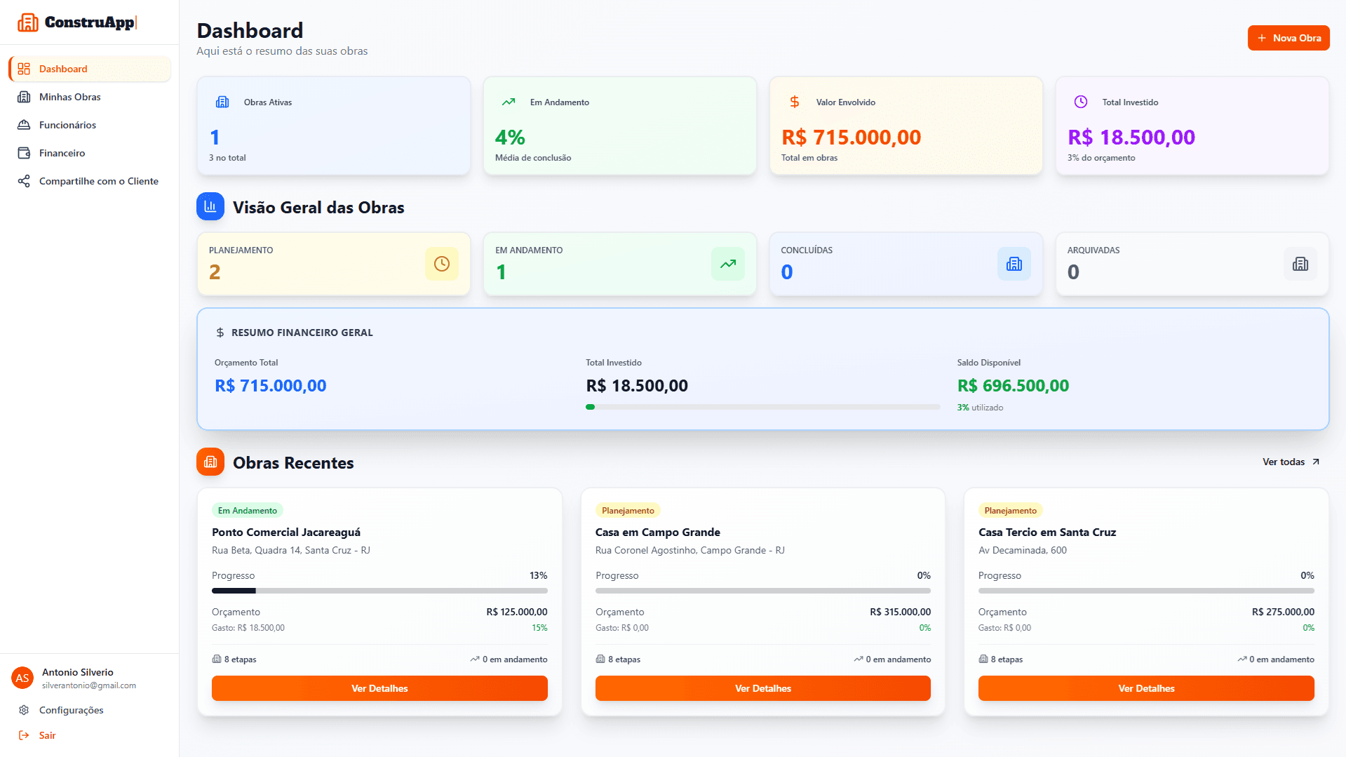 Dashboard ConstruApp - Gestão de Obras